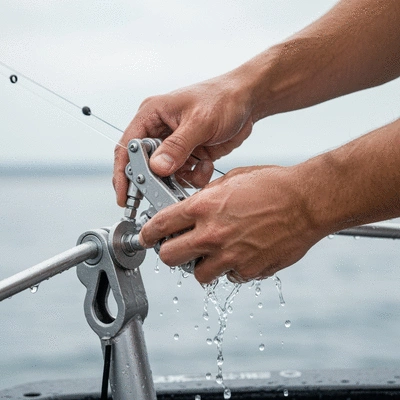 Close-up of a downrigger being rinsed with fresh water after saltwater use