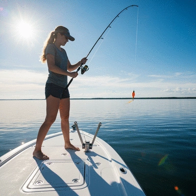 Professional angler using a downrigger on a boat, calm water, sunny day