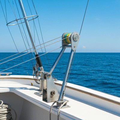 Close-up of a well-maintained downrigger on a fishing boat, showing clean cables and lubricated parts