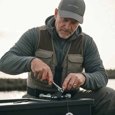 Angler performing maintenance on a downrigger with tools, emphasizing care and precision
