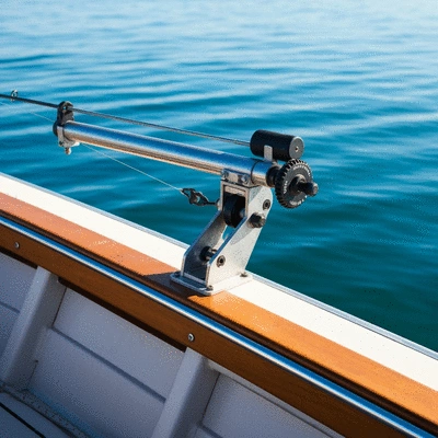 Close-up of a high-quality downrigger mounted on a fishing boat, showing its robust construction and ease of use