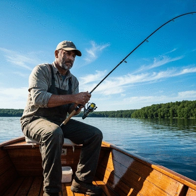 Fisherman using a downrigger on a boat, clear water, sunny day