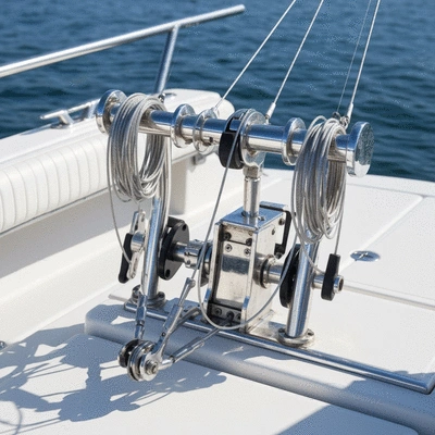 Close-up of a well-maintained downrigger on a boat, gleaming metal, clean cables, ready for use, no text, no words, no typography, clean image