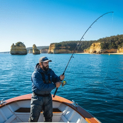Angler on a boat using a downrigger, with Australian coastline in the background, demonstrating effective fishing