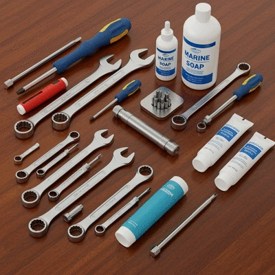 Assortment of marine-grade tools and cleaning solutions laid out neatly, including wrenches, screwdrivers, marine soap, and lubricants, no text, no words, no typography, clean image
