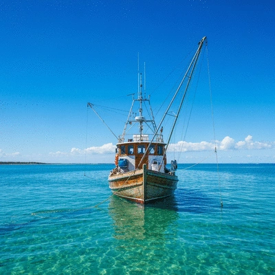 Fishing boat with downrigger deployed in Australian coastal waters