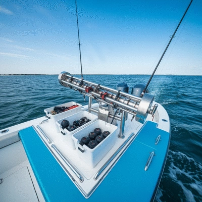 Clean and well-maintained downrigger on a boat with fishing gear