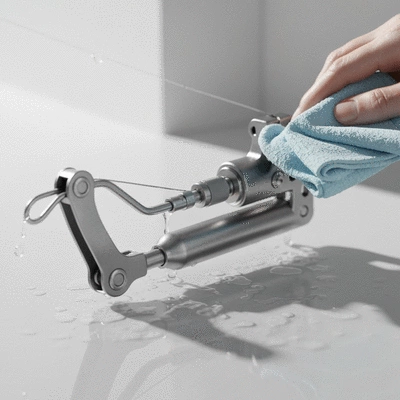 Close-up of fishing gear being cleaned with a cloth and freshwater