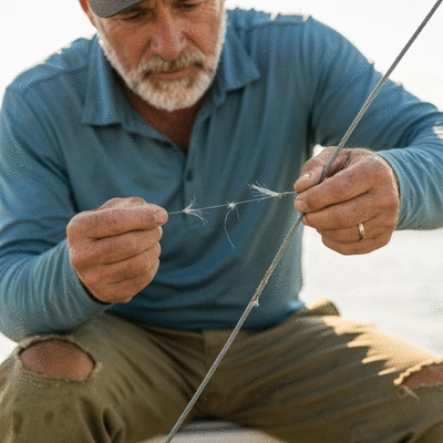 Person inspecting a downrigger cable for wear and tear