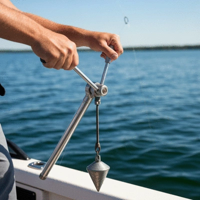 Manual downrigger being operated by an angler on a lake