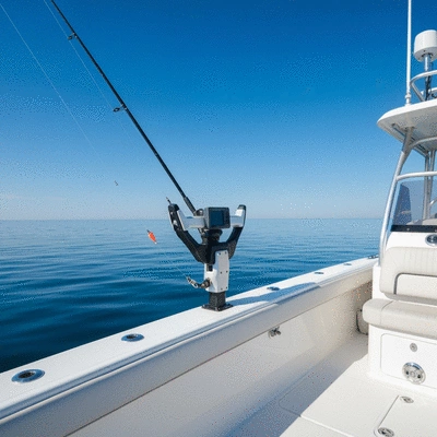 Modern downrigger attached to a fishing boat, calm water, blue sky