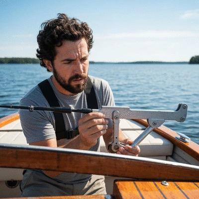 Angler inspecting a downrigger with a concerned expression on a fishing boat