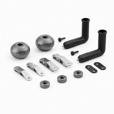 Close-up of various downrigger accessories like release clips, weights, and rod holders on a clean background, no text, no words, no typography, 8K