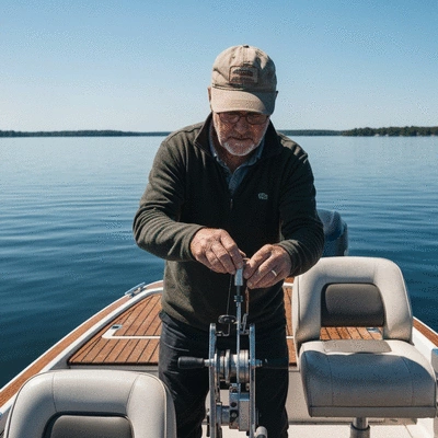 Professional angler adjusting a downrigger on a boat with calm lake in the background